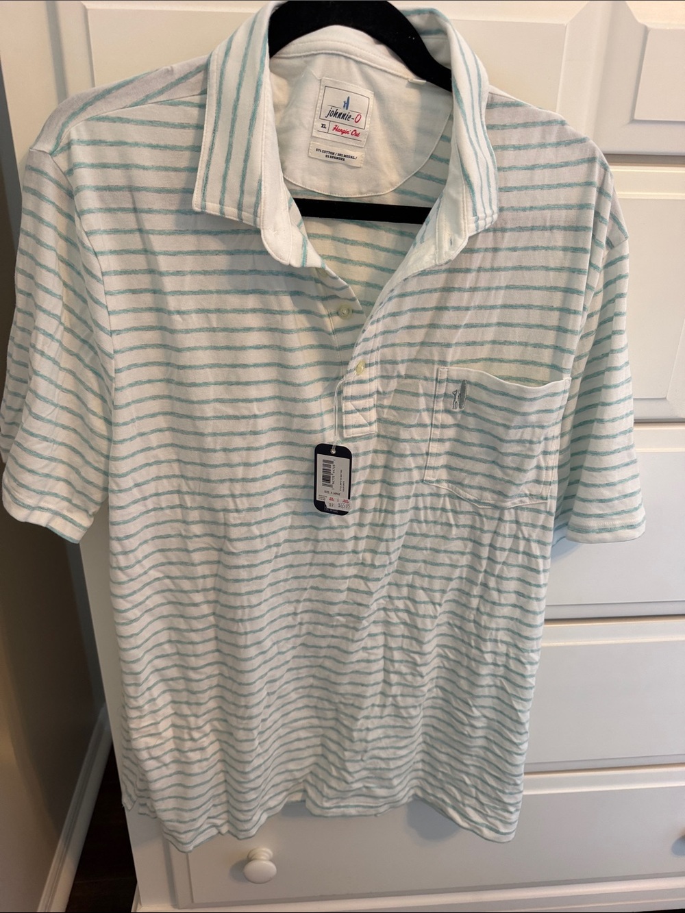 johnnie-O White Polo with Light Green Stripes